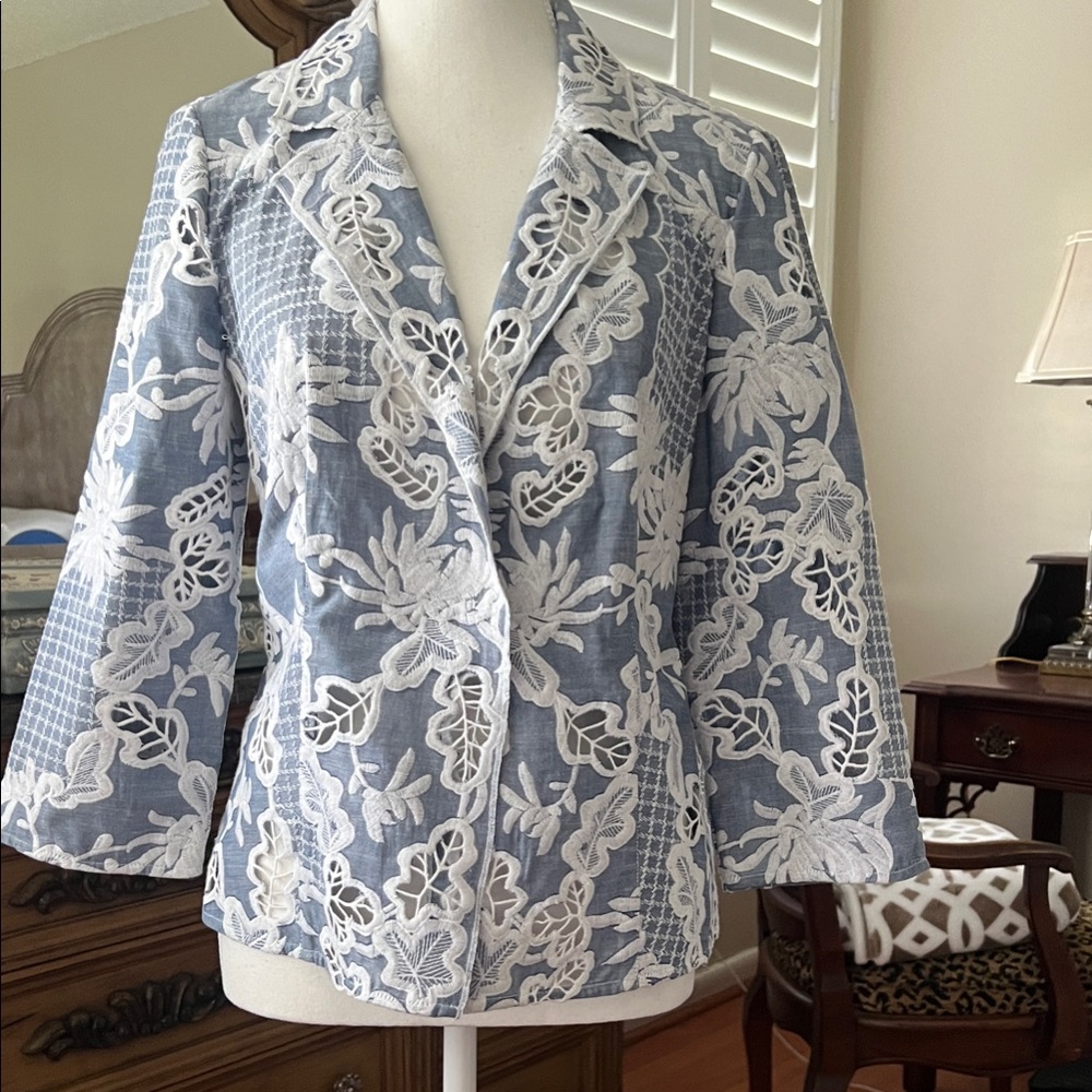 Chico's Elegant Blue and White Lace Blazer